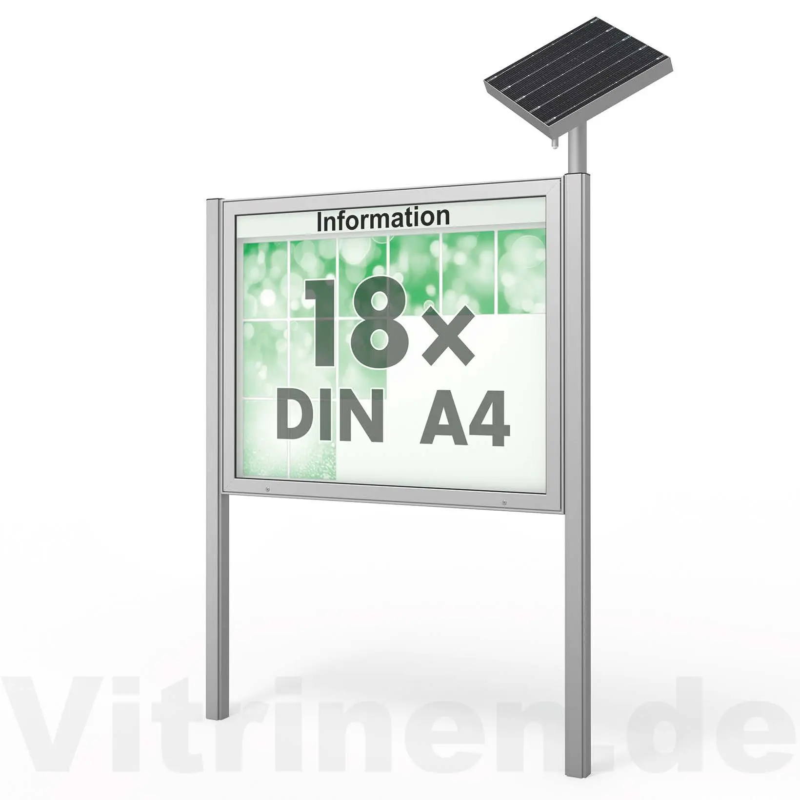 18 x DIN A4 Schaukasten Plenum eckig - der "Klassiker" mit Solar-Modul und Pfosten - Bautiefe 210mm